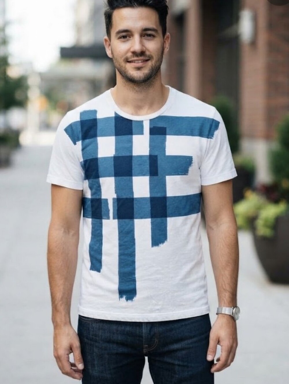 Burberry Brit Blue Check Print White Cotton Men's T-Shirt Size M New NWOT
